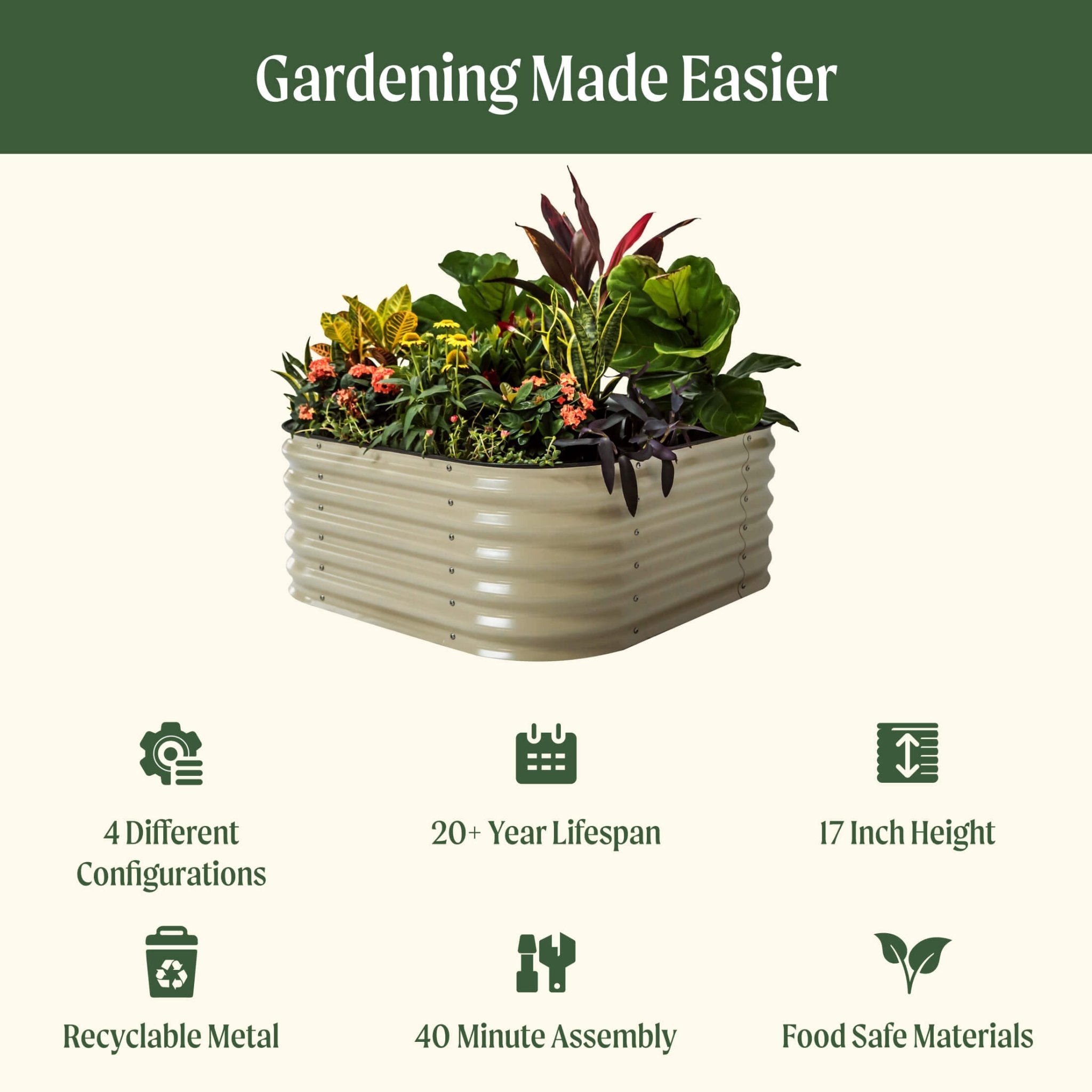 17" Tall 4 In 1 Small Modular Metal Raised Garden Bed Kit - Cheeky Garden