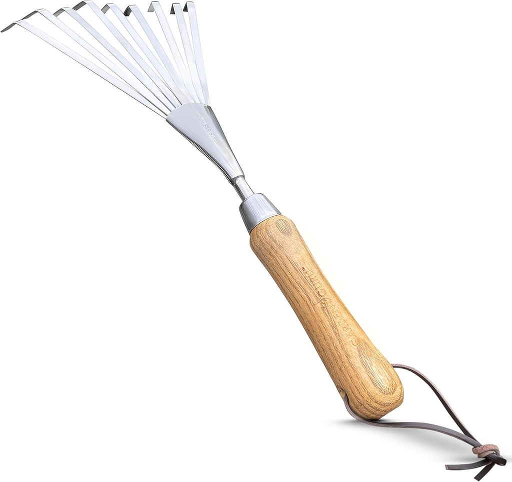 Stainless Steel Garden Hand Rake (classic wood handle) - Cheeky Garden